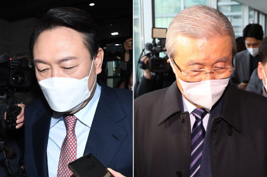 지난 1월5일 선거대책위원회 쇄신안을 발표하기 위해 서울 여의도 당사로 들어서는 윤석열 후보(왼쪽)와 자신의 사무실로 출근하는 김종인 당시 총괄선대위원장.국회사진기자단·연합뉴스